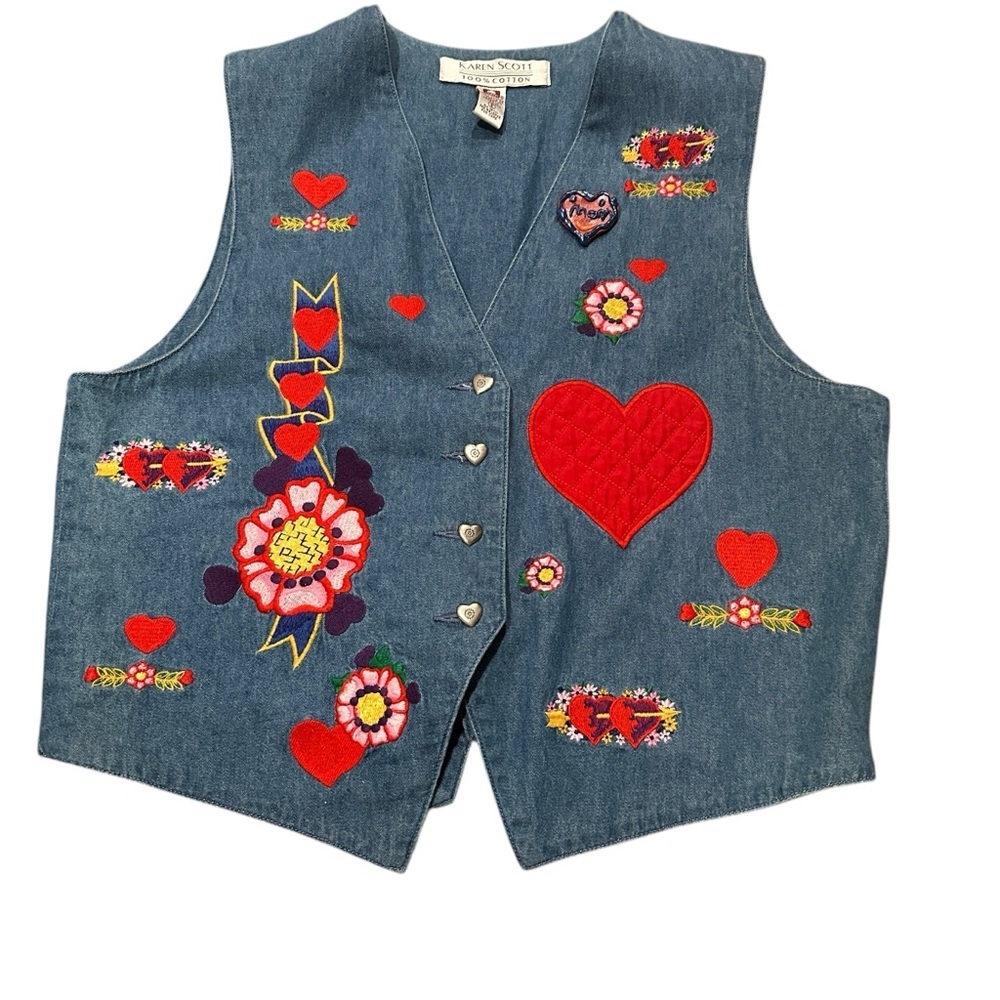 Vintage Denim Vest Embroidered Hearts Flowers Boho Retro‎ Cottagecore Festival M